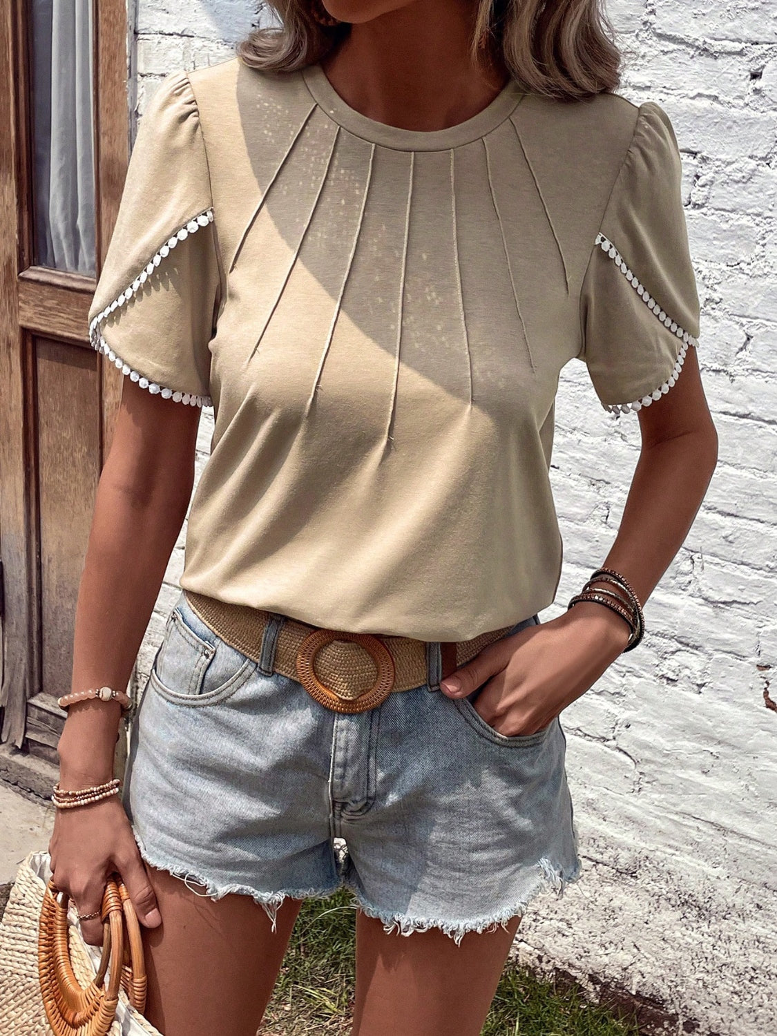 STUNNLY  Round Neck Petal Sleeve T-Shirt Tan S 