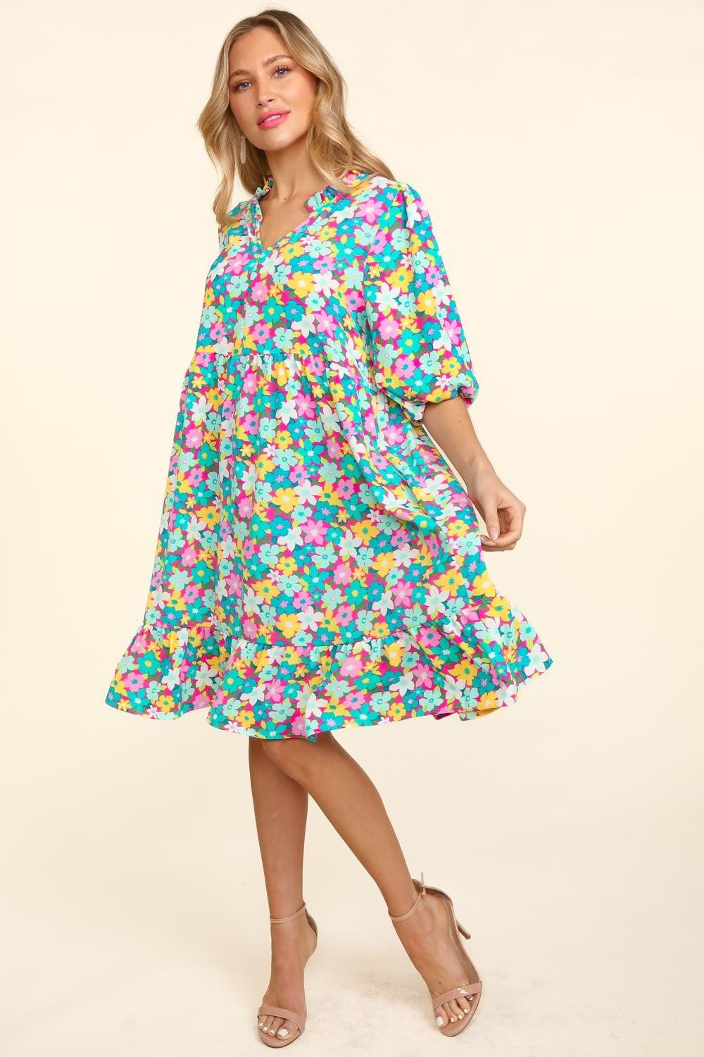 Haptics Bubble Sleeve Floral Ruffled Dress   