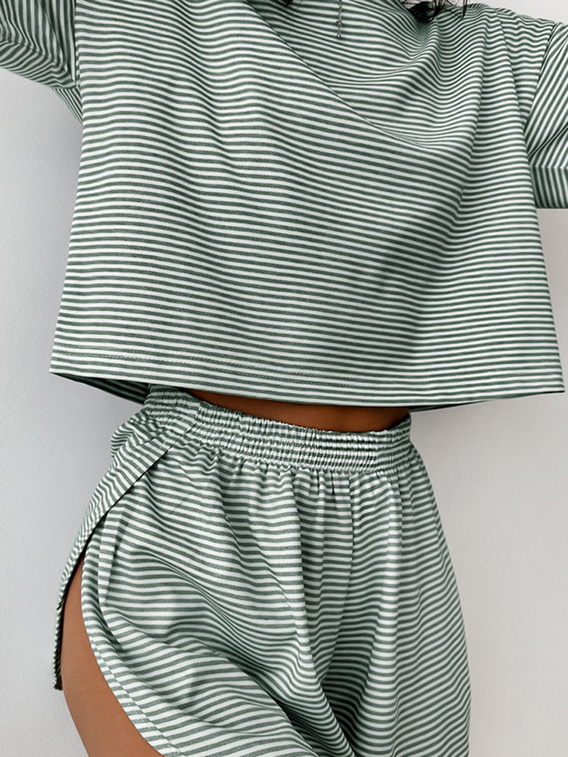 STUNNLY  Striped Round Neck Top and Shorts Set Gum Leaf S 