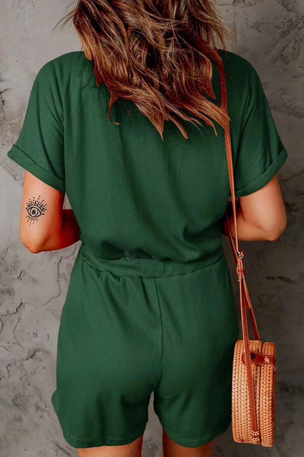 Full Size Drawstring V-Neck Short Sleeve Romper   