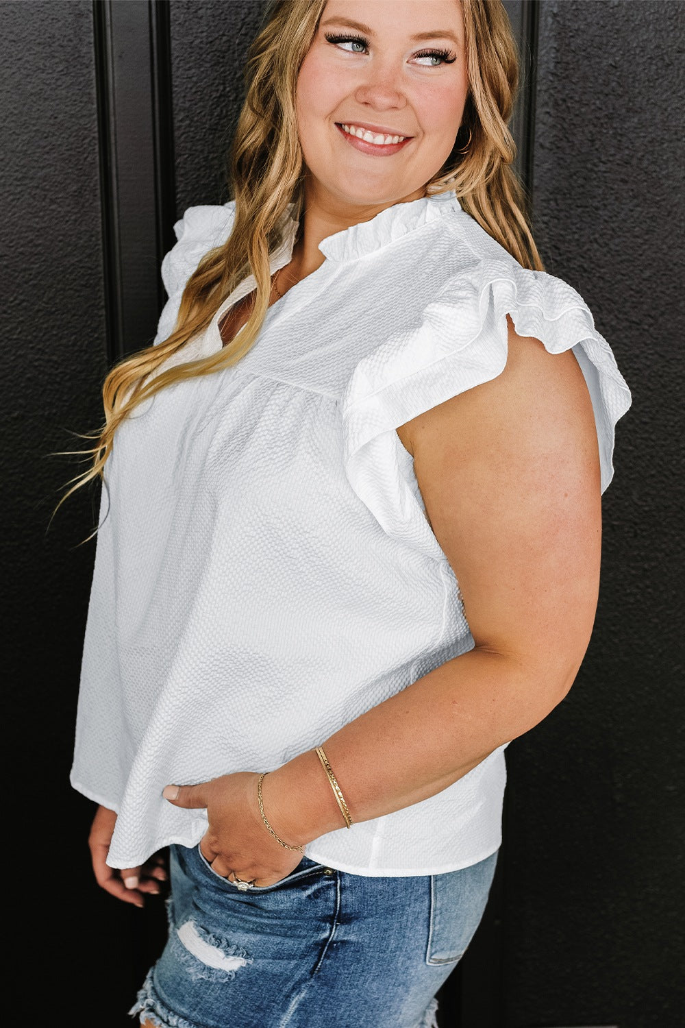 STUNNLY  Plus Size Ruffled Notched Cap Sleeve Blouse   