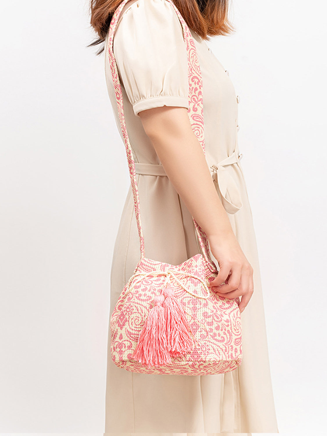 Drawstring Tassel Geometric Shoulder Bag   