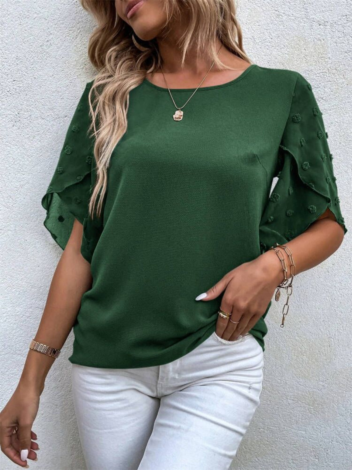 STUNNLY  Swiss Dot Round Neck Half Sleeve Blouse   