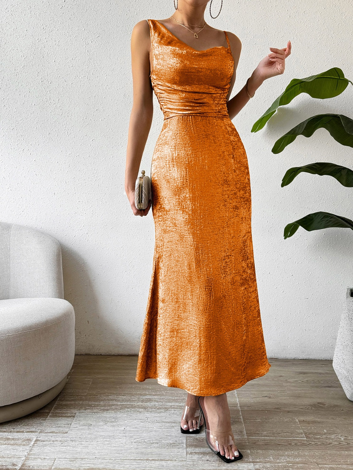 Asymmetric Neck Sleeveless Midi Dress   