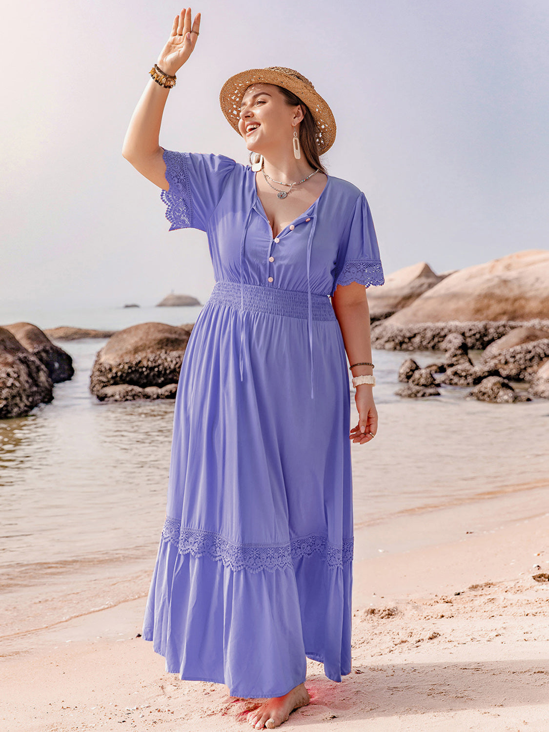 Plus Size Lace Detail Tie Neck Short Sleeve Maxi Dress   