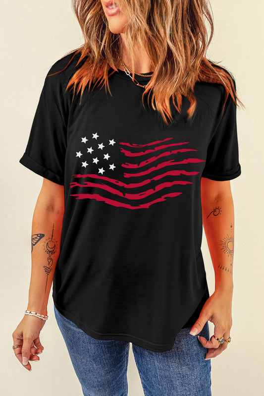 STUNNLY  US Flag Round Neck Short Sleeve T-Shirt Black S 