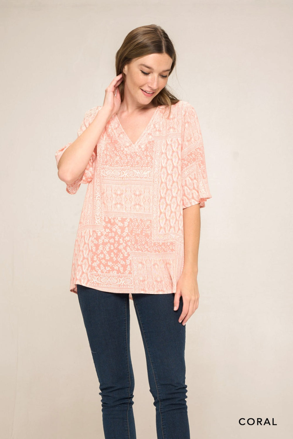 Cotton Bleu by Nu Label Paisley Print V-Neck Top Coral S 