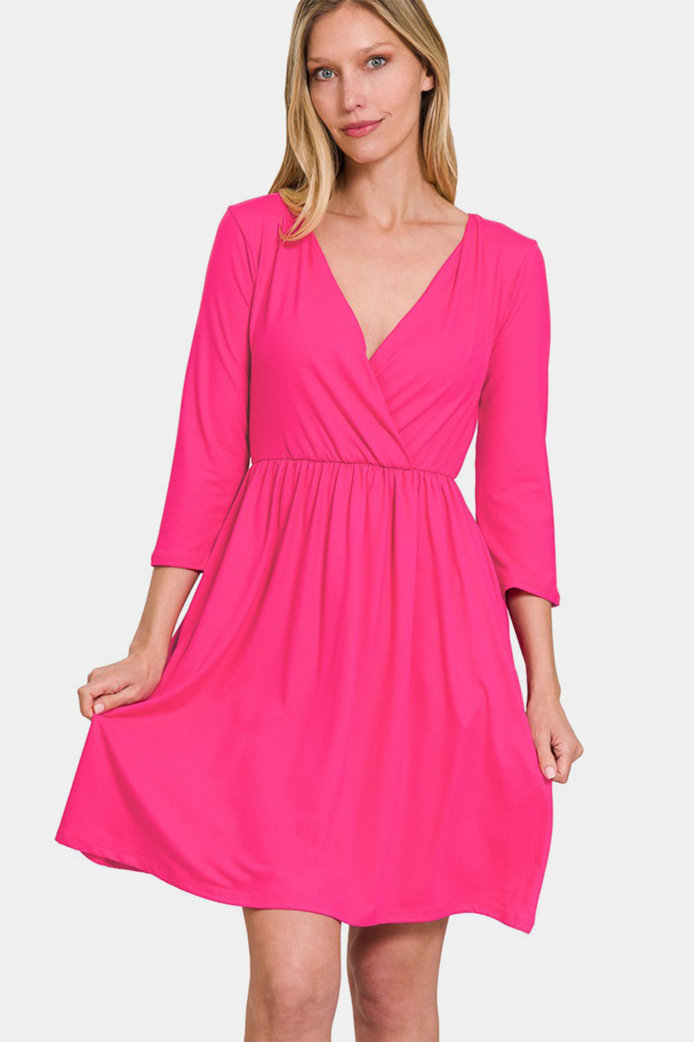 Zenana Three-Quarter Sleeve Surplice Dress with Pockets Hot Pink S 