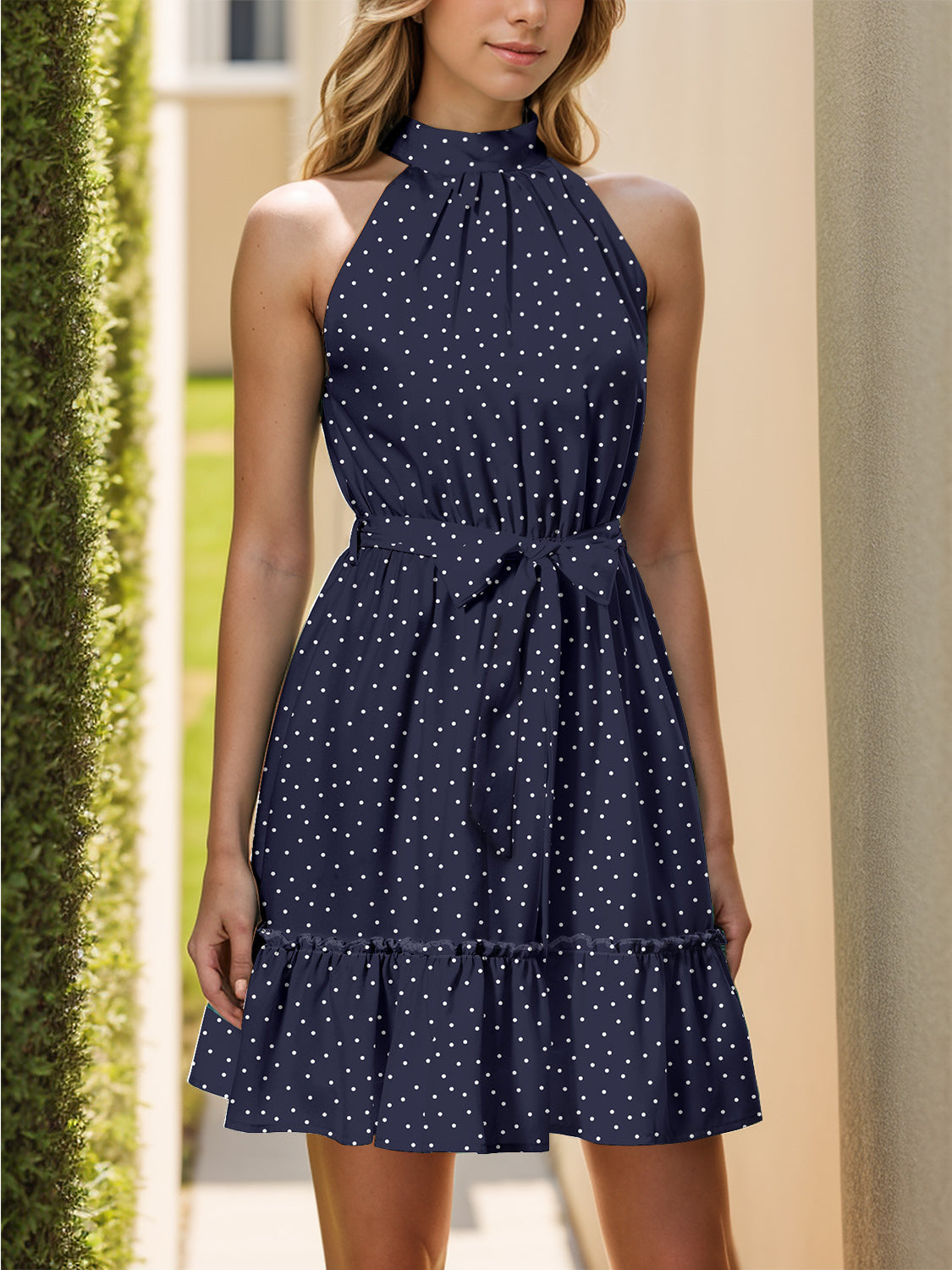 Tied Polka Dot Grecian Sleeveless Dress   