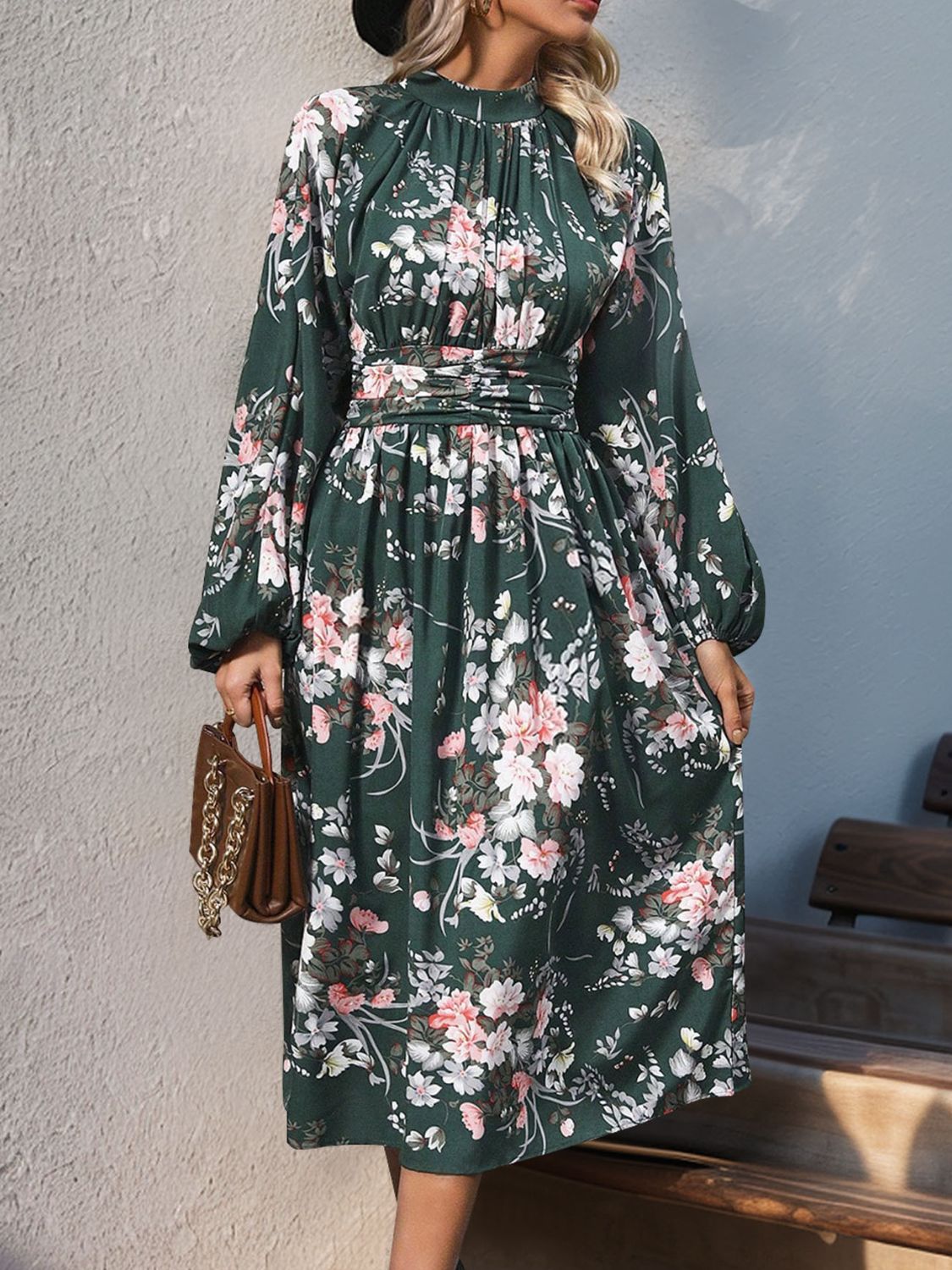 Ruched Printed Mock Neck Long Sleeve Midi Dress   