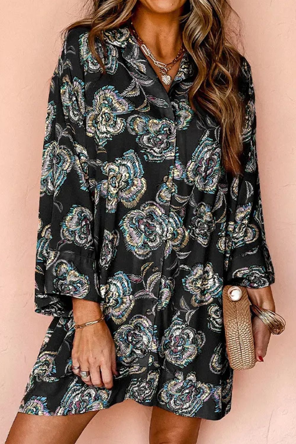 Printed Button Up Three-Quarter Sleeve Shirt Dress Black M 