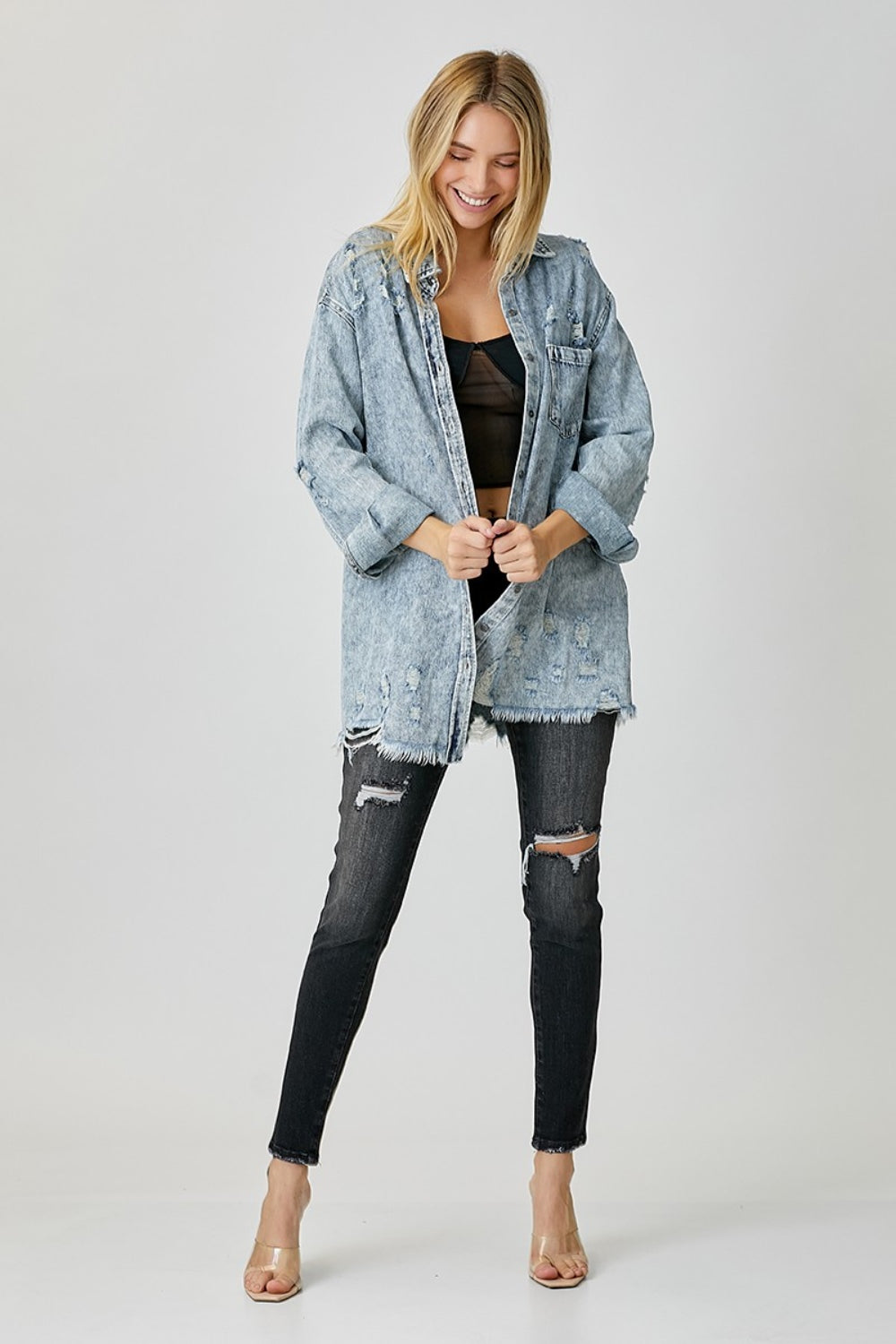 RISEN Distressed Raw Hem Denim Shirt   