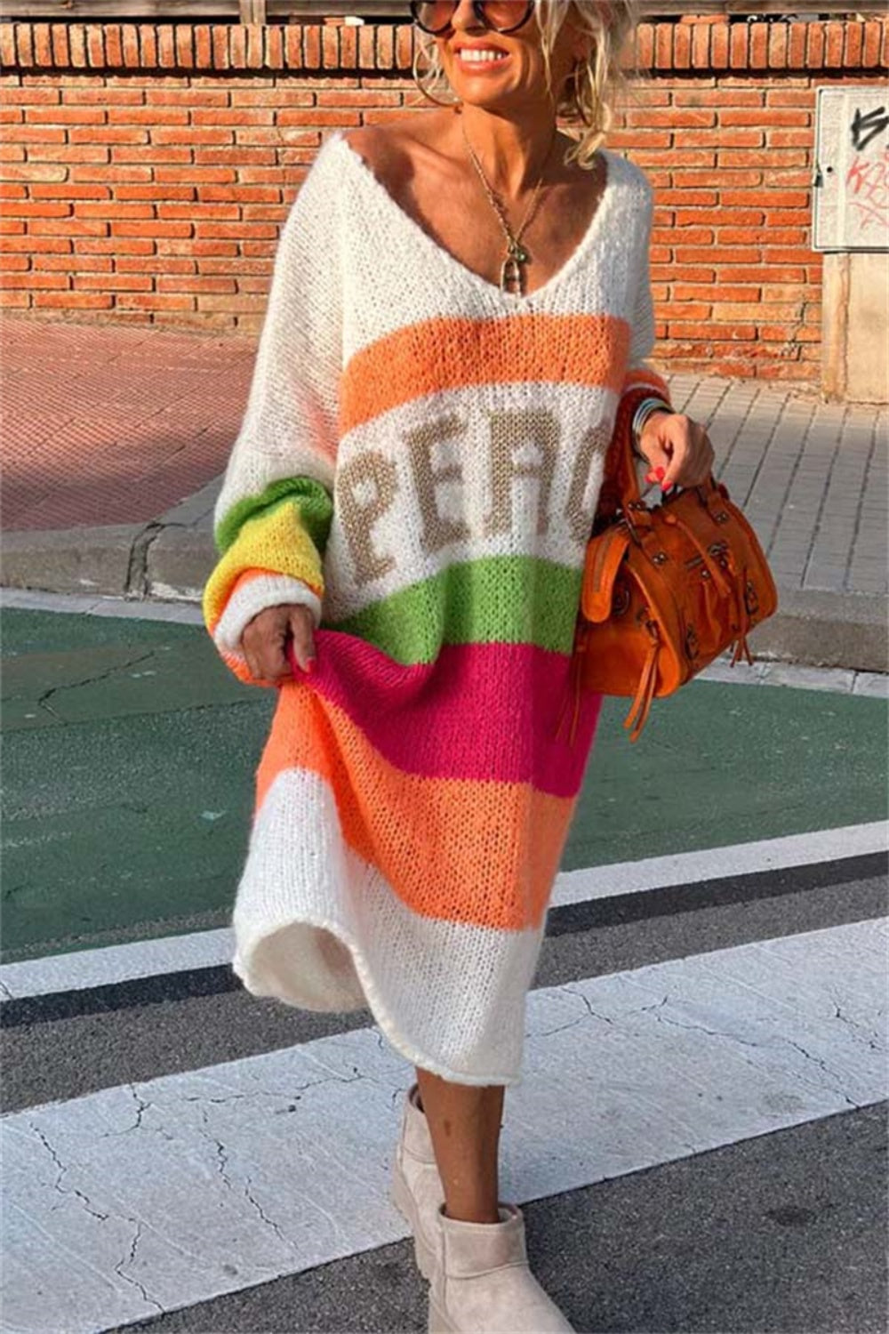 Color Block V-Neck Long Sleeve Sweater Dress   