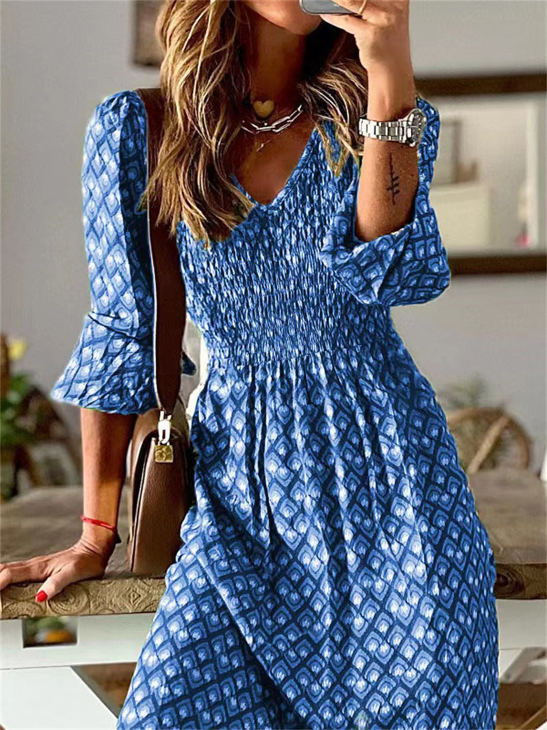 Smocked Printed V-Neck Midi Dress   