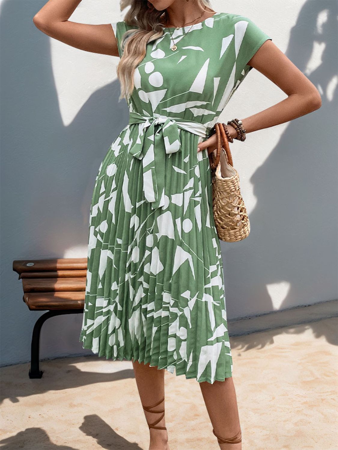 Tied Pleated Printed Cap Sleeve Dress   