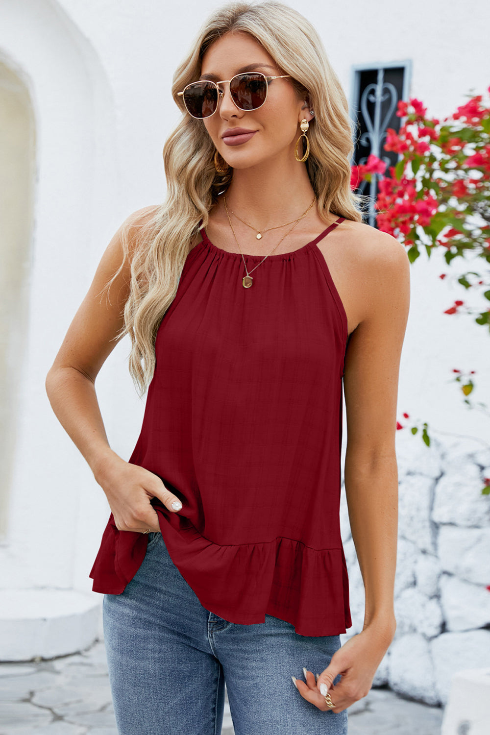 STUNNLY  Tied Ruffled Round Neck Cami   