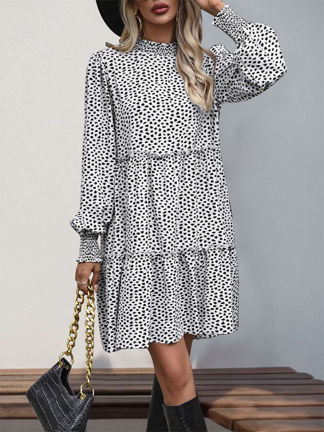 Frill Printed Mock Neck Long Sleeve Mini Dress   