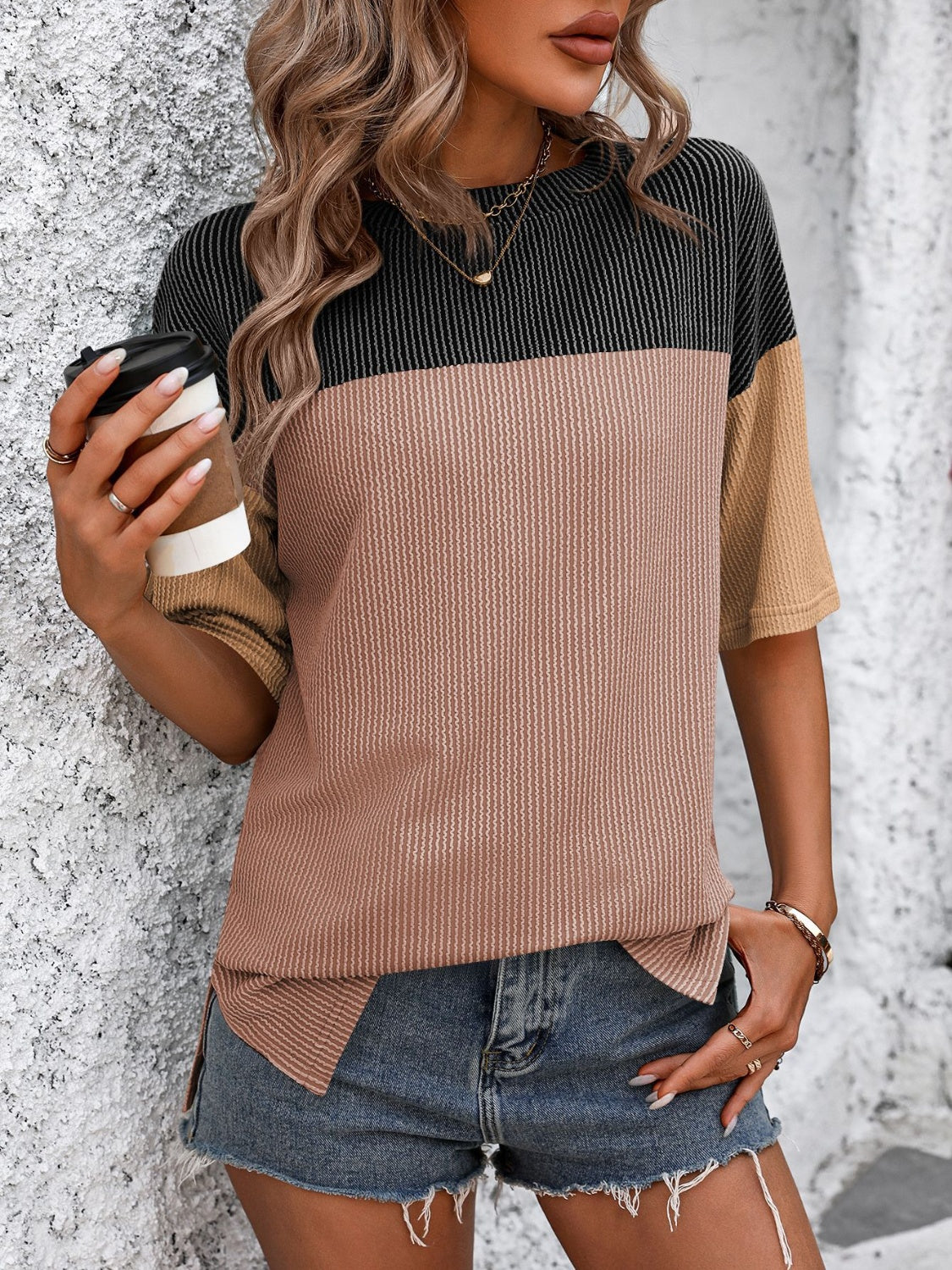 STUNNLY  Color Block Round Neck Half Sleeve T-Shirt Black/Camel S 