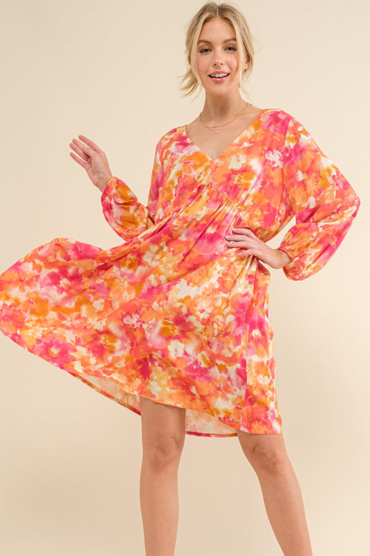 And The Why Full Size Printed Tie Back Long Sleeve Dress Orange Multi S 