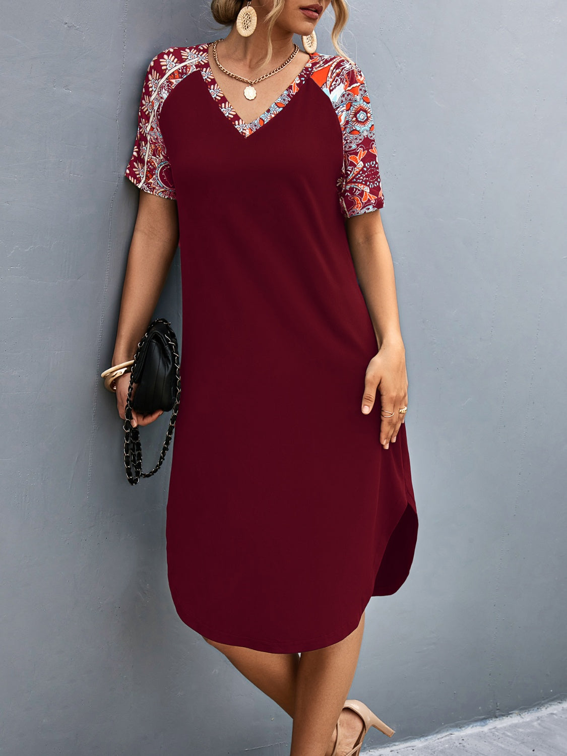 Printed V-Neck Short Sleeve Dress   