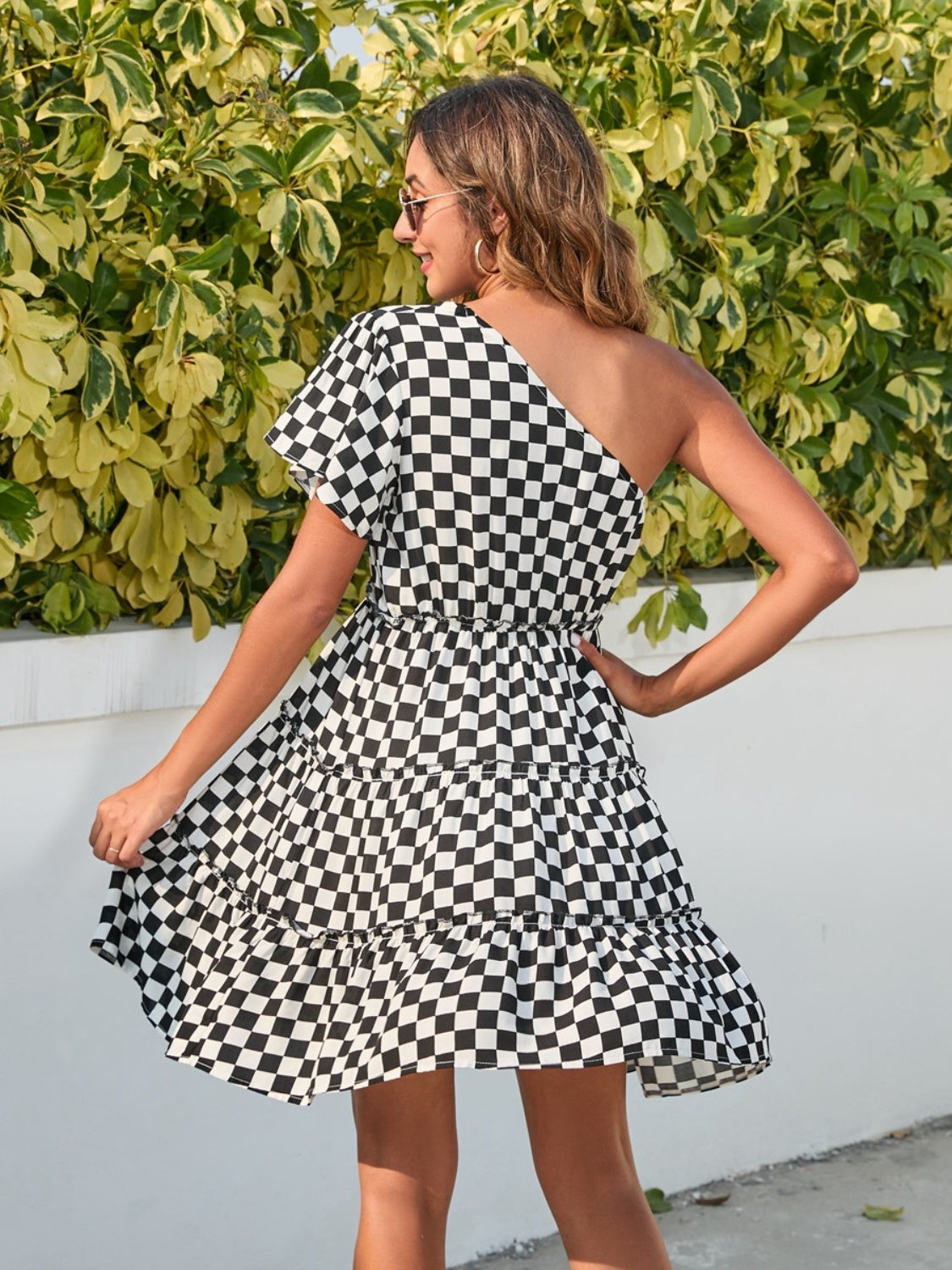 Checkered Single Shoulder Mini Dress   