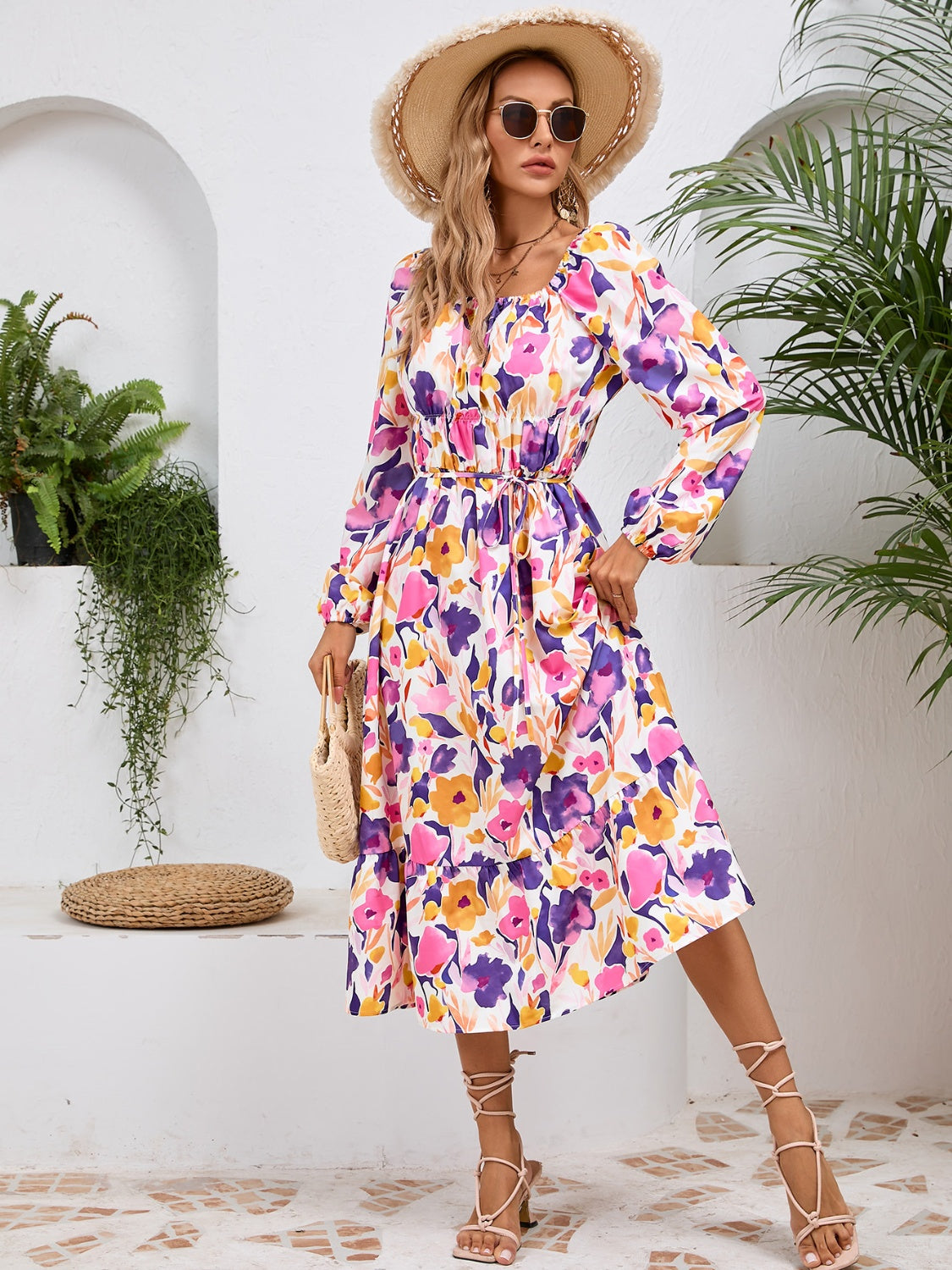 Printed Long Sleeve Midi Dress   