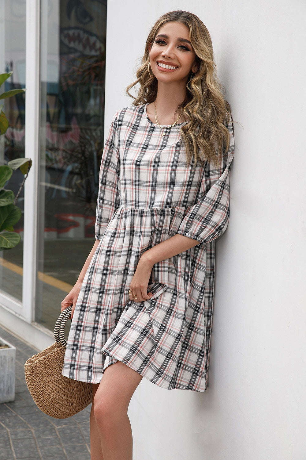 Plaid Round Neck Mini Dress   