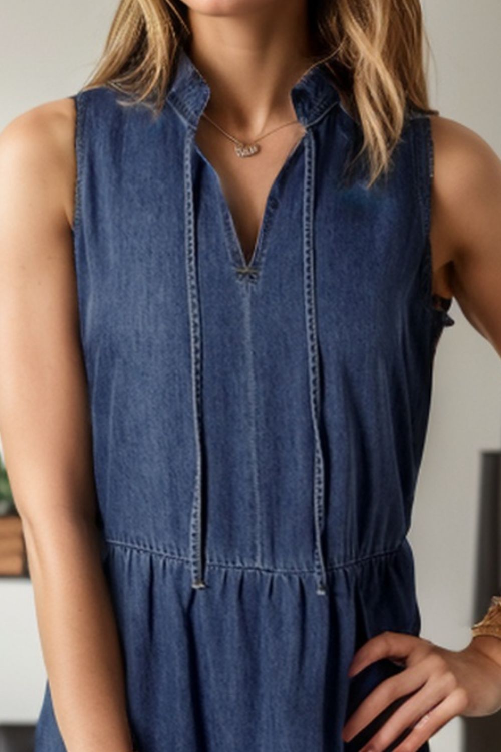 Tie Neck Sleeveless Denim Dress   