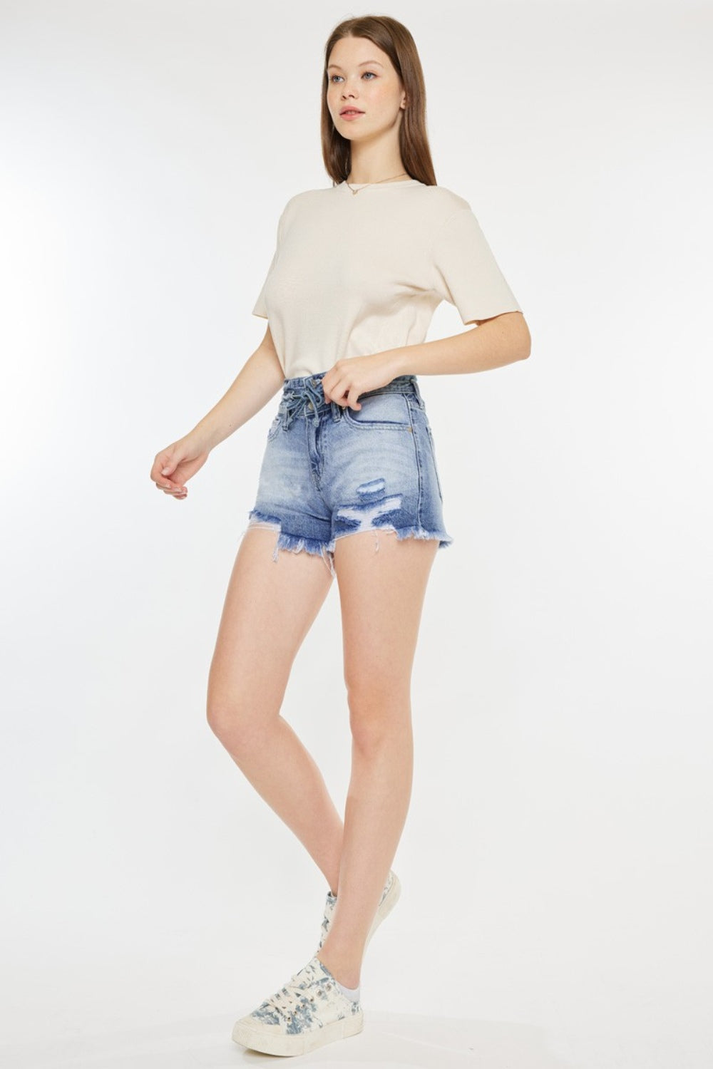 STUNNLY  Kancan High Rise Frayed Hem Denim Shorts   