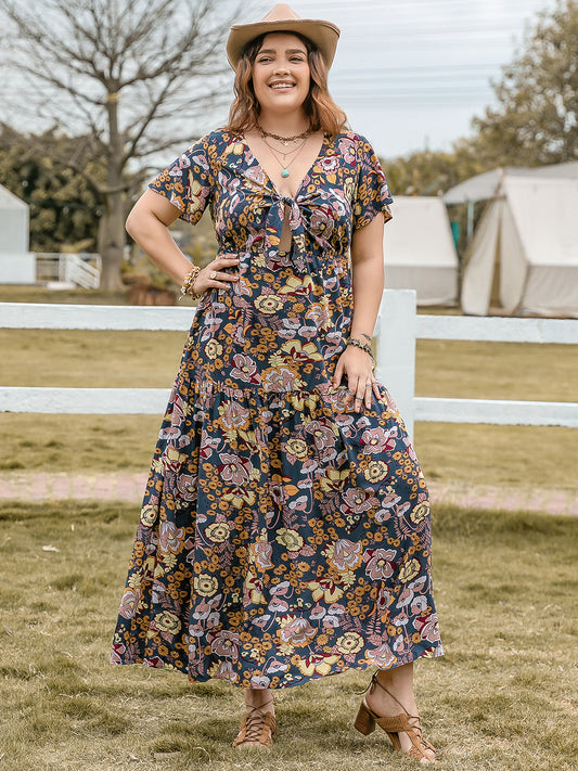 Plus Size Tied Printed Short Sleeve Midi Dress Peacock  Blue 0XL 