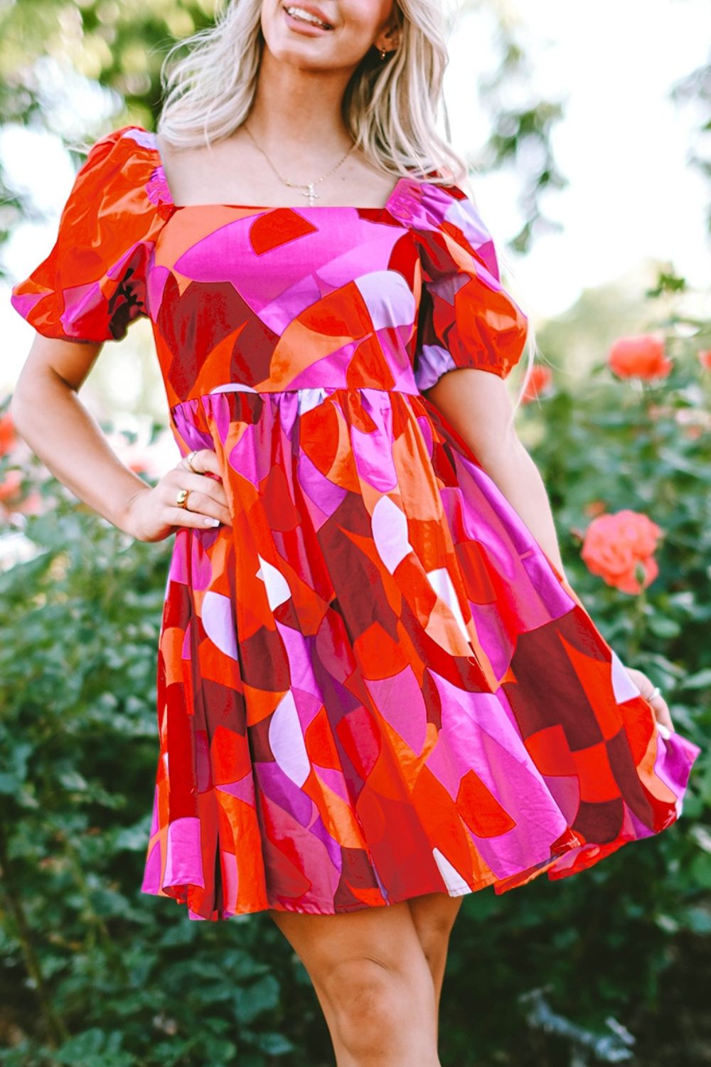 Printed Square Neck Puff Sleeve Dress Hot Pink S 