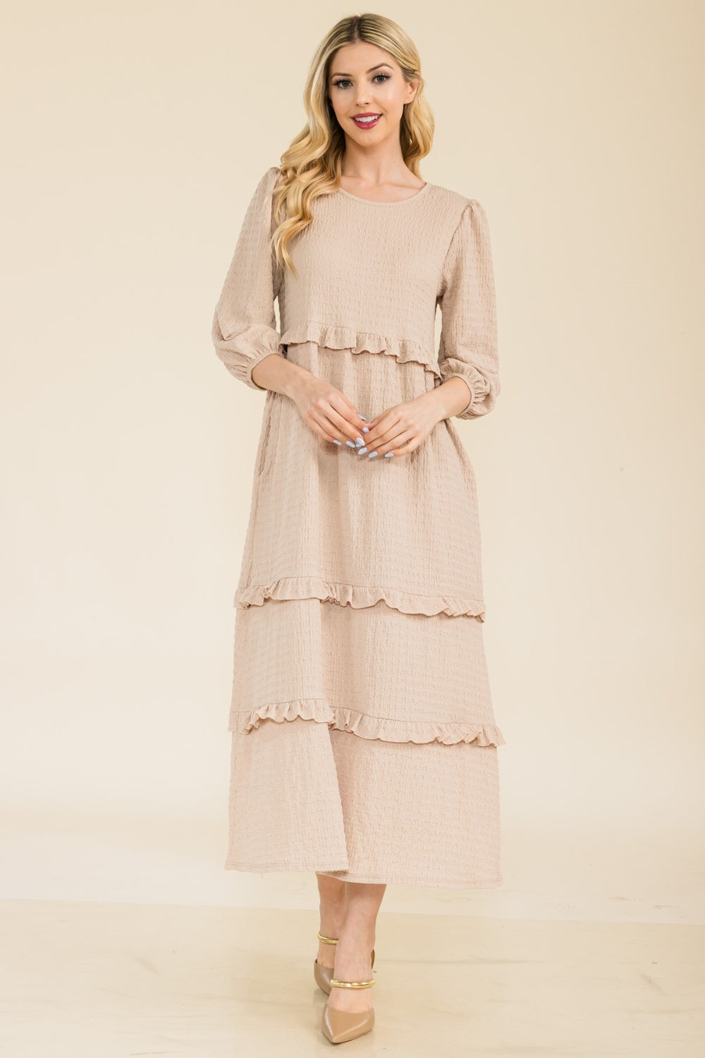 Celeste Full Size Tiered-Ruffle Midi Dress Beige S 