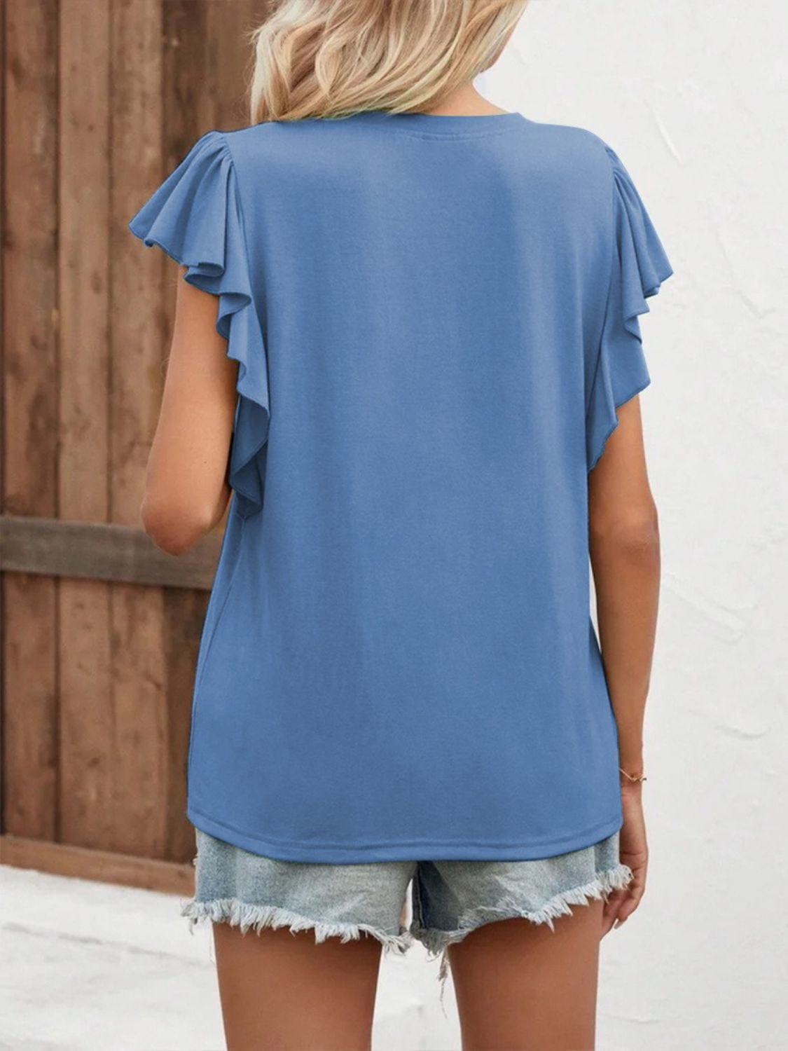 STUNNLY  Full Size Ruffled Notched Cap Sleeve T-Shirt   