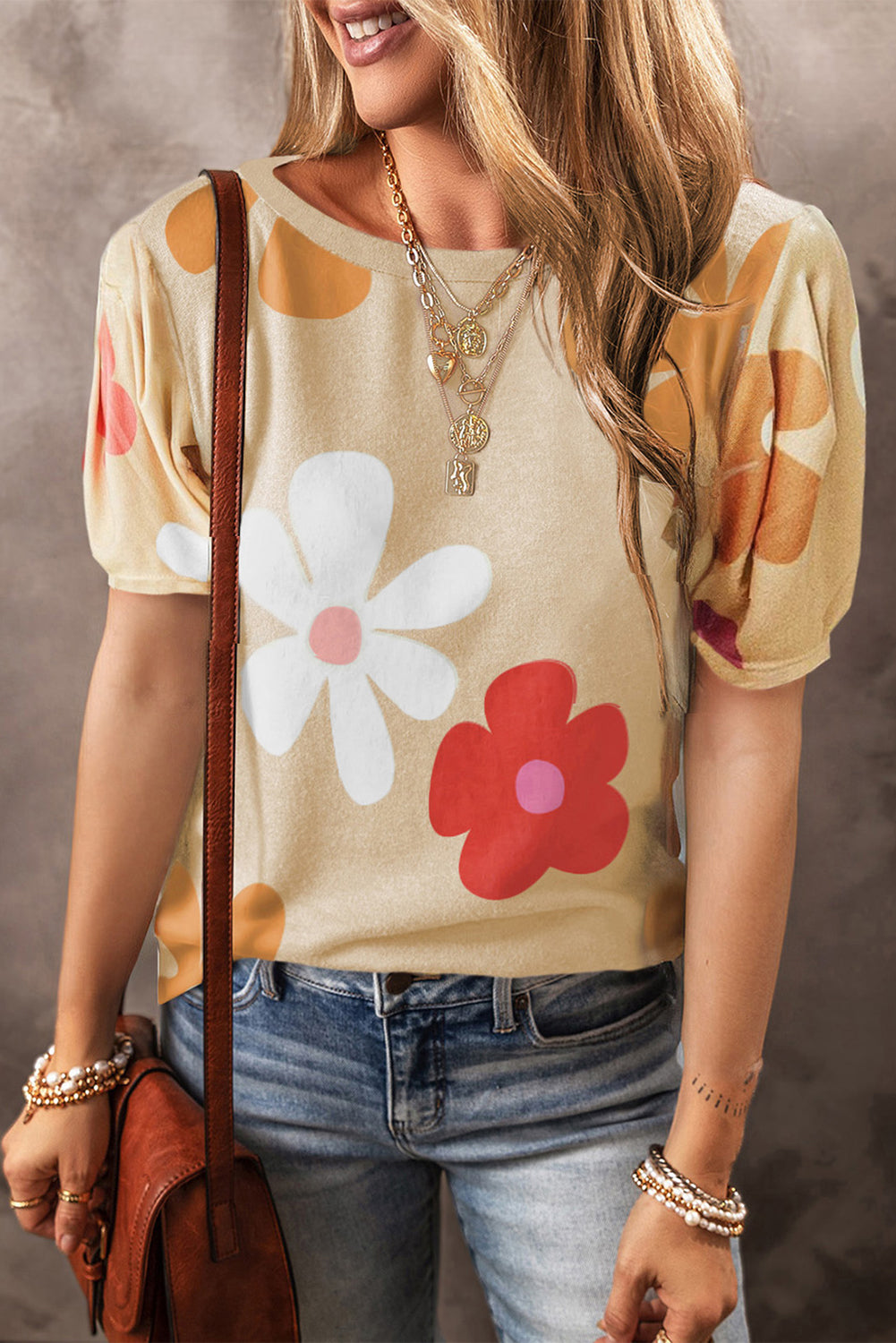 STUNNLY  Flower Round Neck Short Sleeve Blouse Sand S 