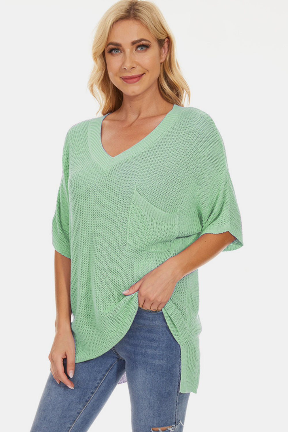 STUNNLY  Pocketed V-Neck Half Sleeve Knit Top Light Green S 