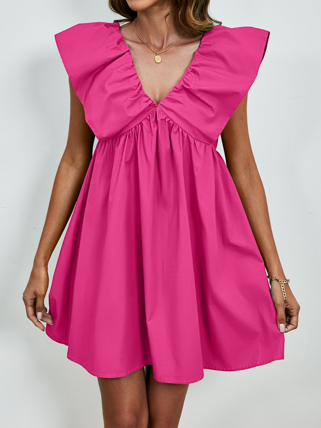 V-Neck Cap Sleeve Mini Dress Hot Pink S 