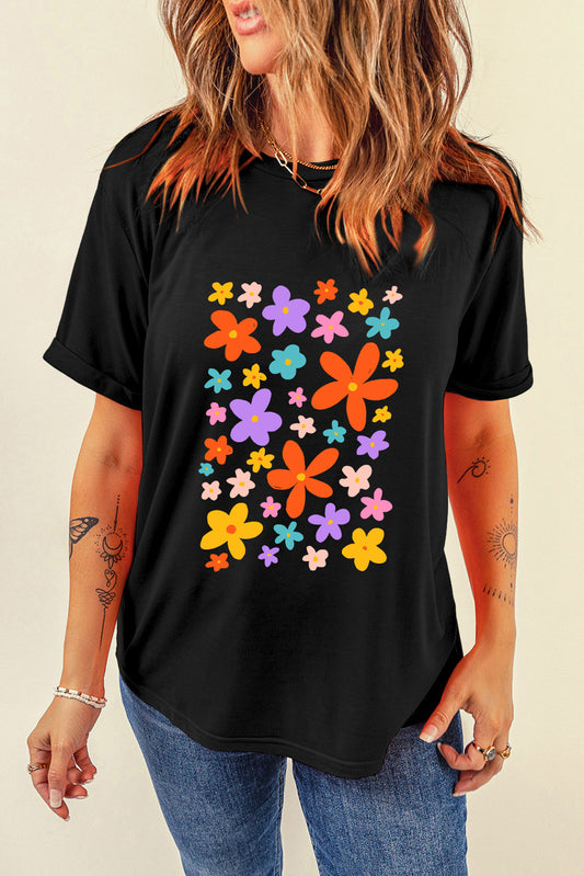 STUNNLY  Flower Graphic Round Neck Short Sleeve T-Shirt Black S 