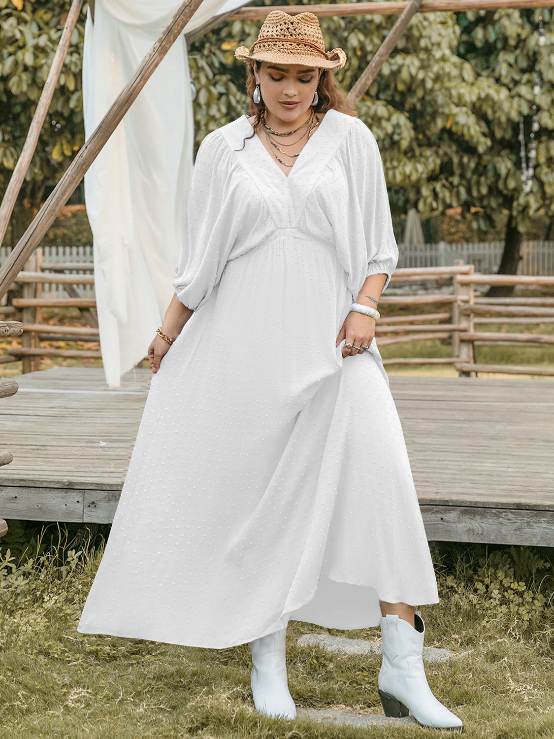 Plus Size Swiss Dot V-Neck Three-Quarter Sleeve Dress   