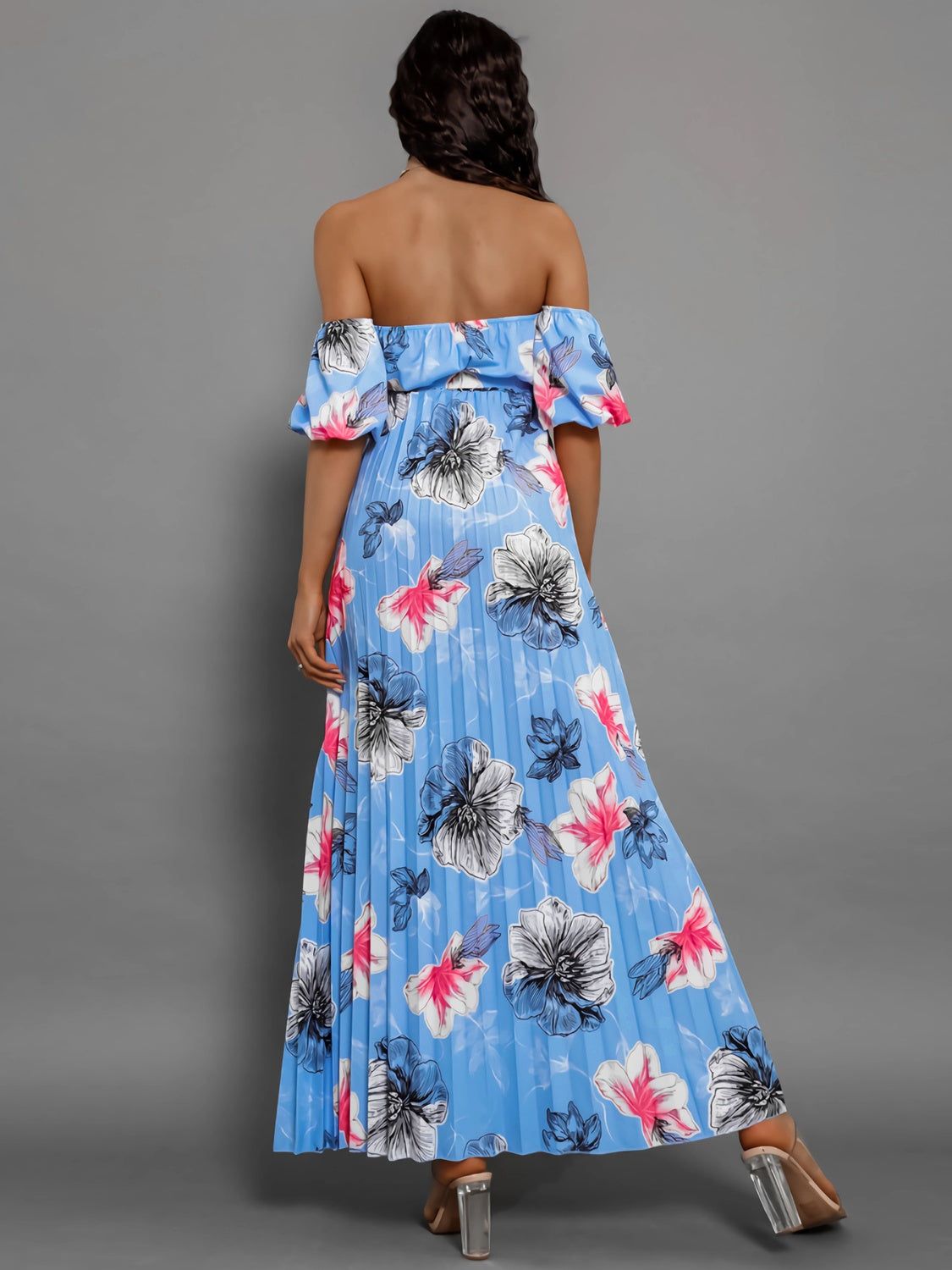 Pleated Floral Off-Shoulder Short Sleeve Midi Dress   