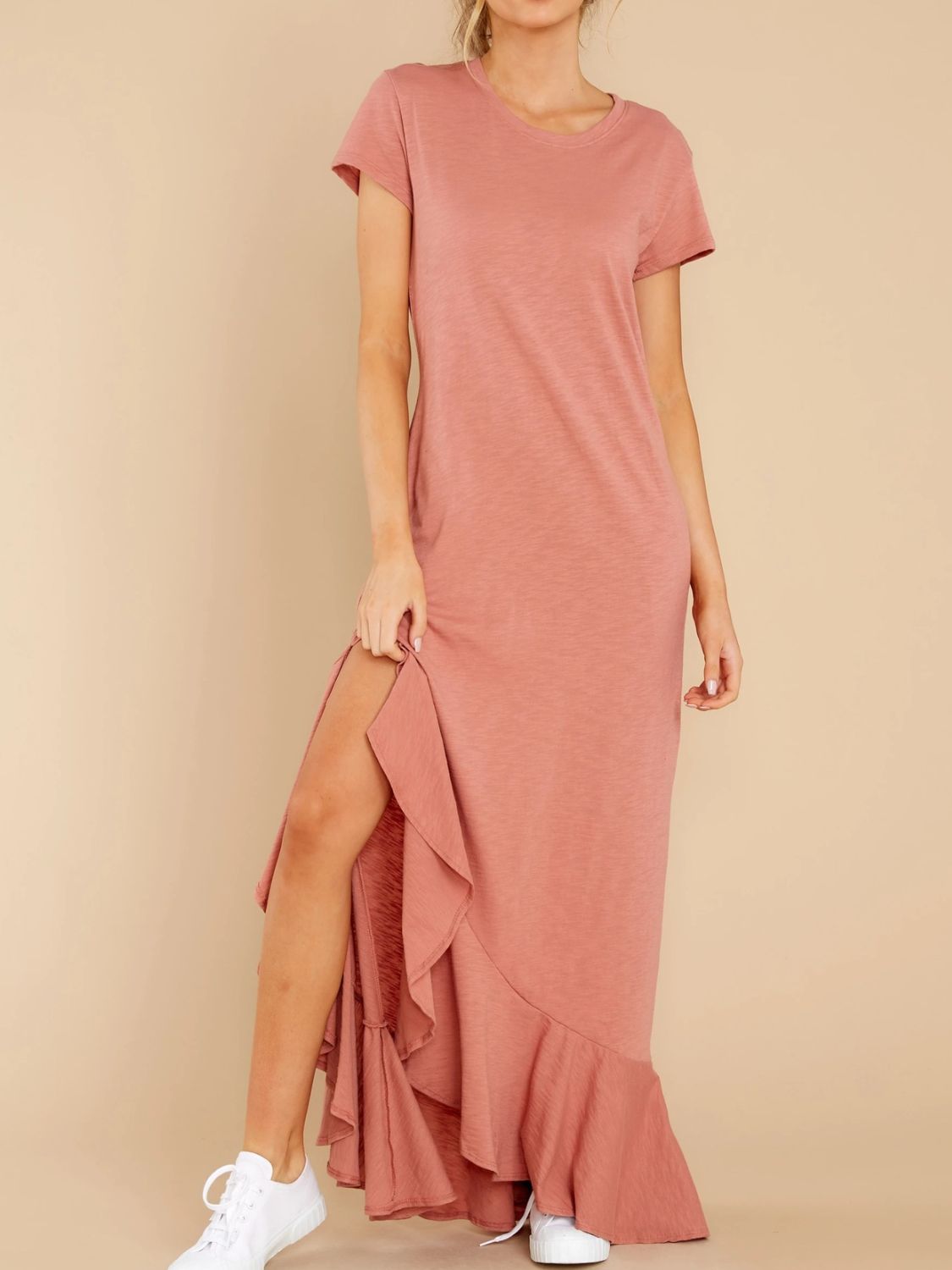 Slit Round Neck Short Sleeve Maxi Dress Dusty Pink S 