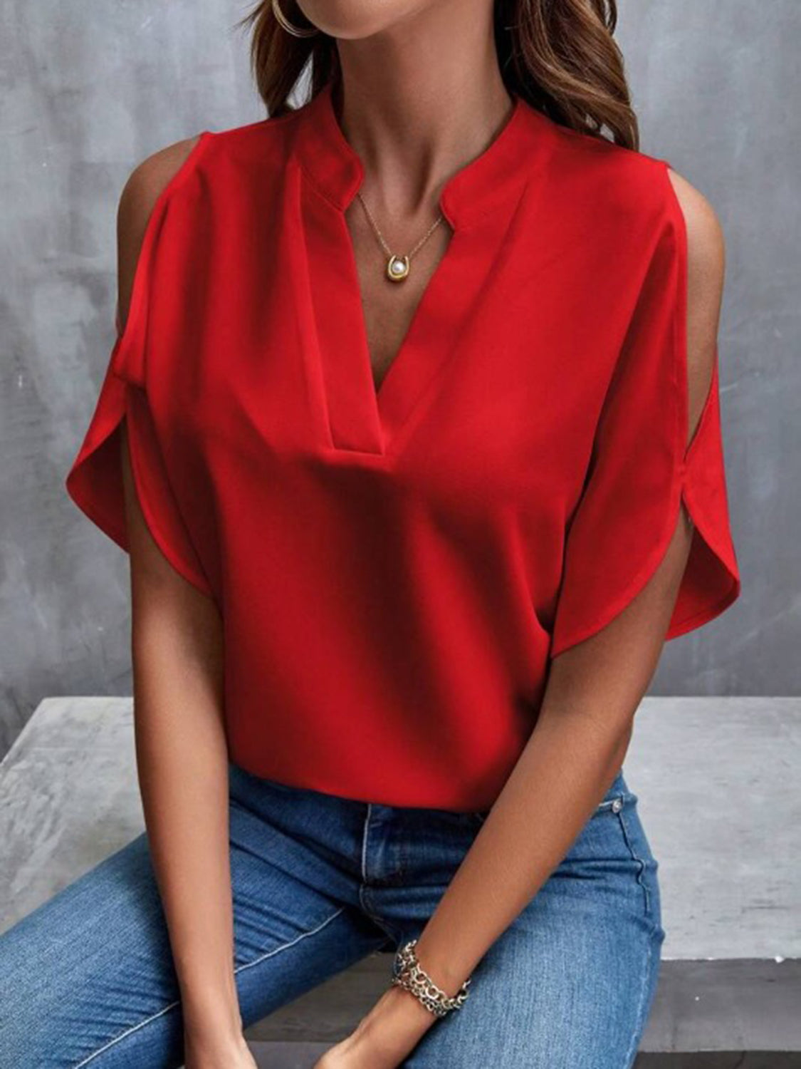 Notched Cold Shoulder Half Sleeve Blouse   