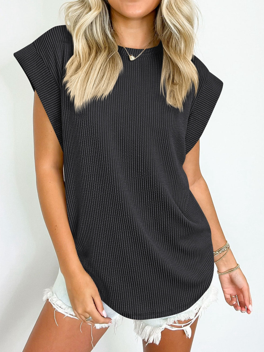 Textured Round Neck Cap Sleeve Blouse   