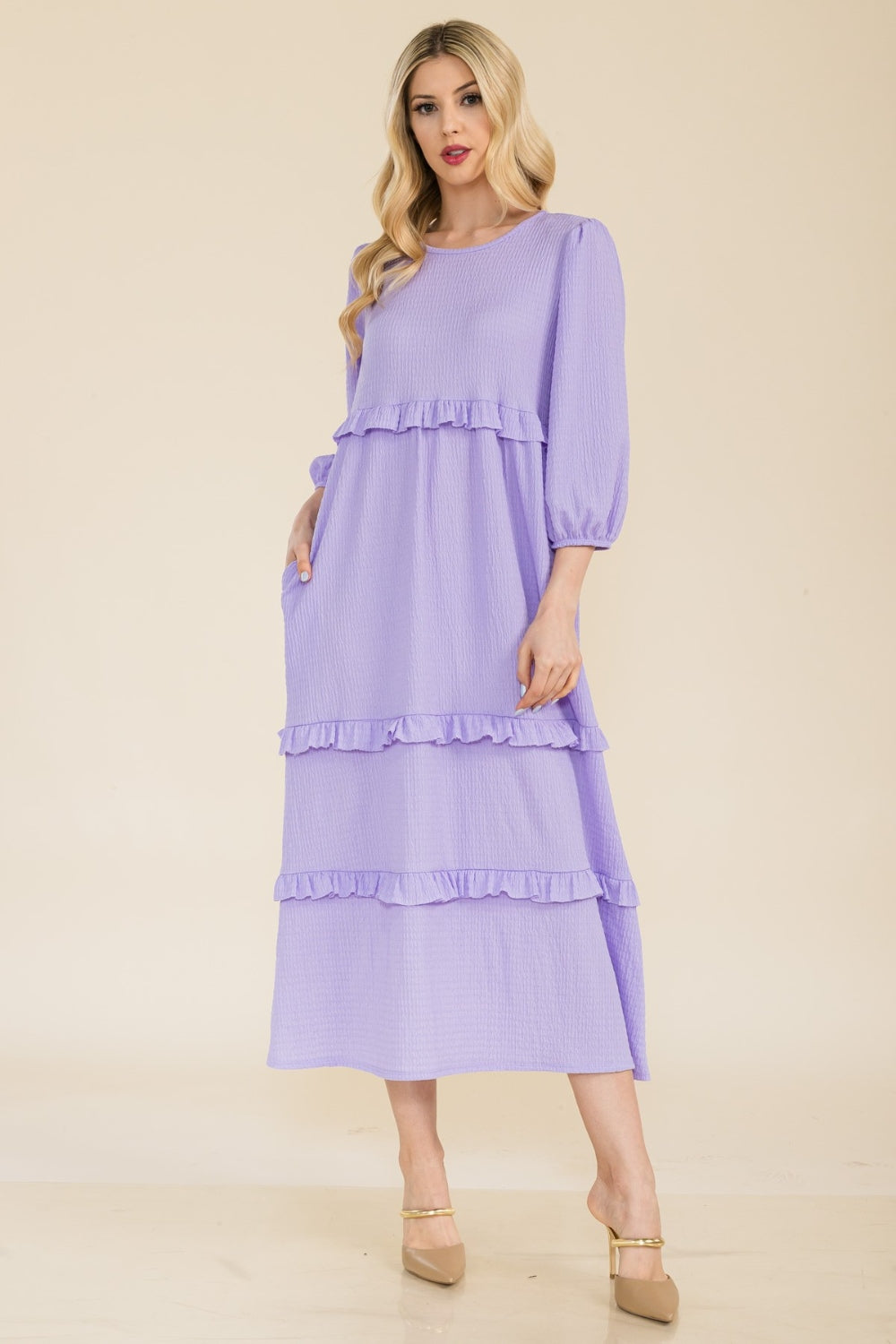 Celeste Full Size Tiered-Ruffle Midi Dress Lilac S 