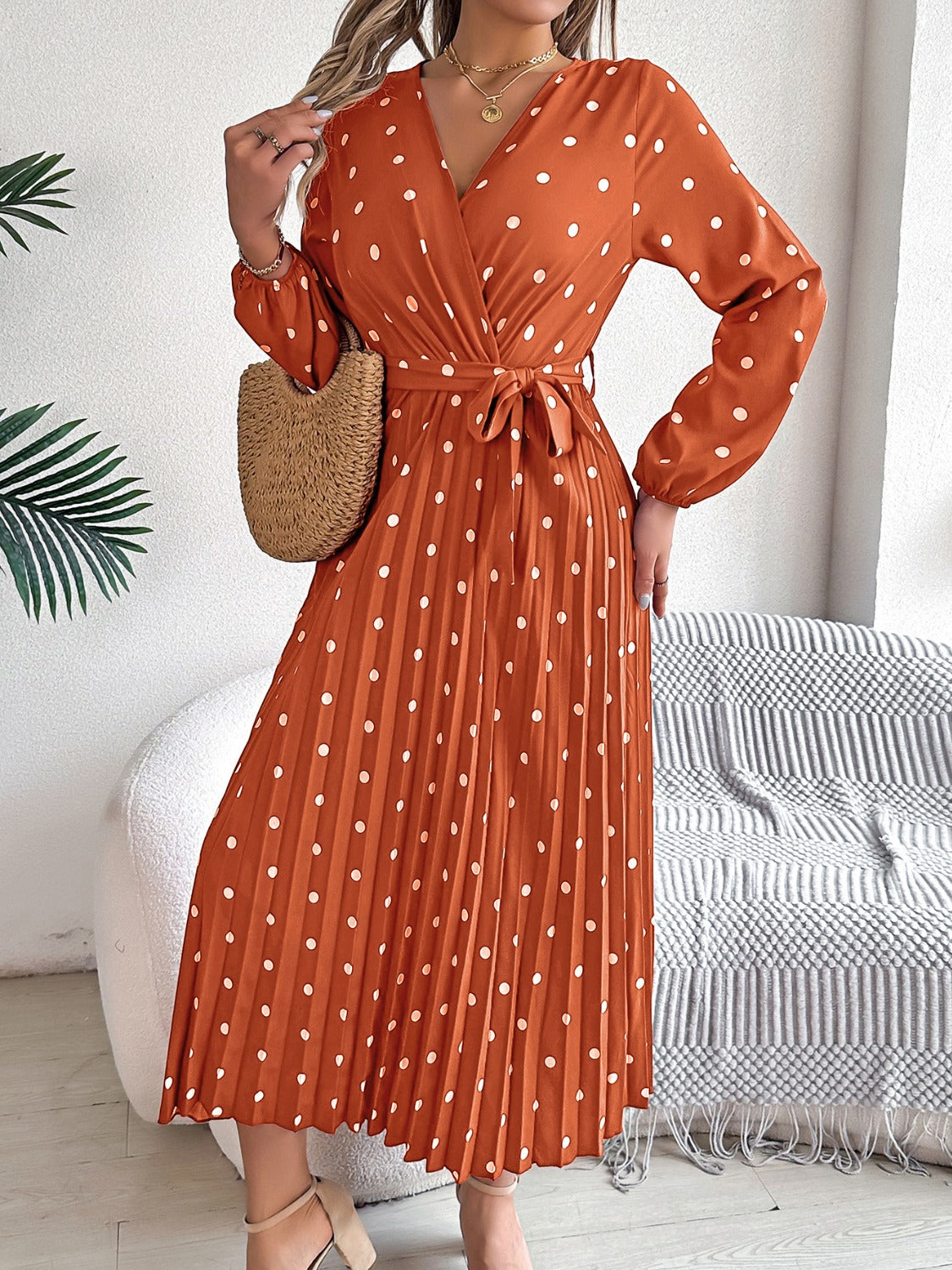 Tied Polka Dot Long Sleeve Midi Dress Ochre S 