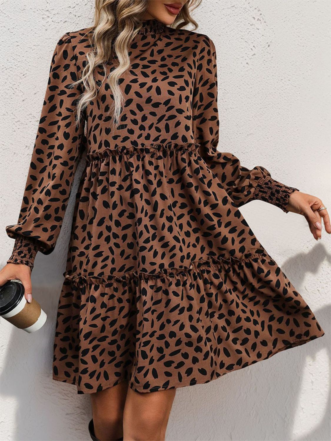 Frill Printed Mock Neck Long Sleeve Mini Dress Brown S 