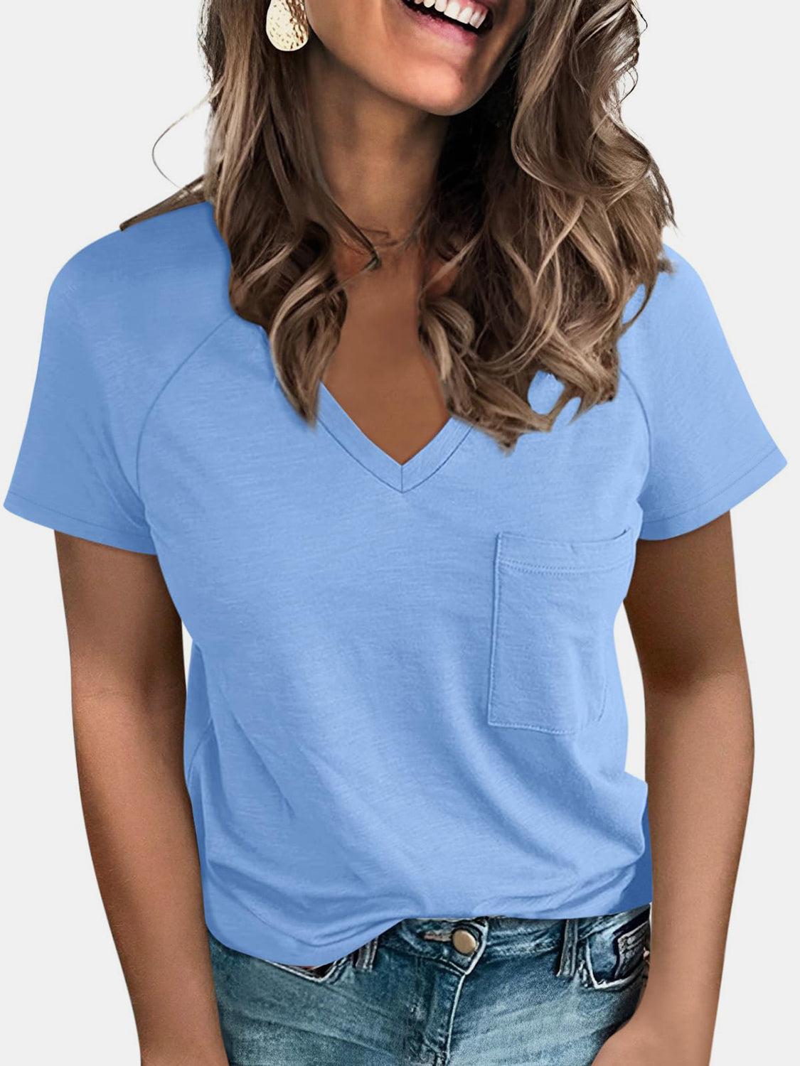 STUNNLY  Pocketed V-Neck Short Sleeve T-Shirt Misty  Blue S 