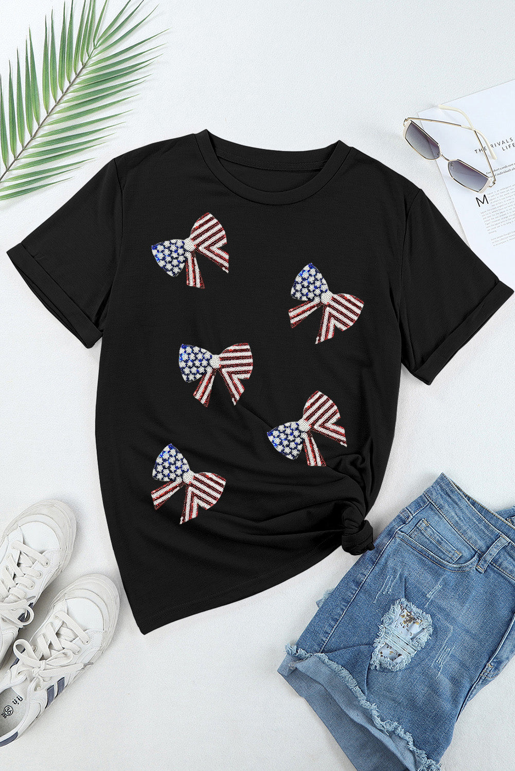 STUNNLY  US Flag Round Neck Short Sleeve T-Shirt   