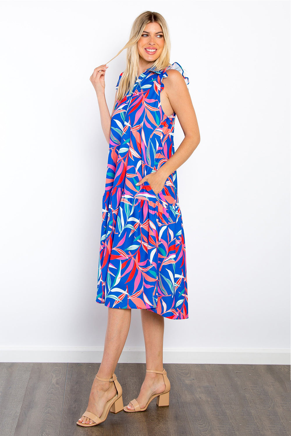 Be Stage Print Ruffled Midi Dress with Pockets   