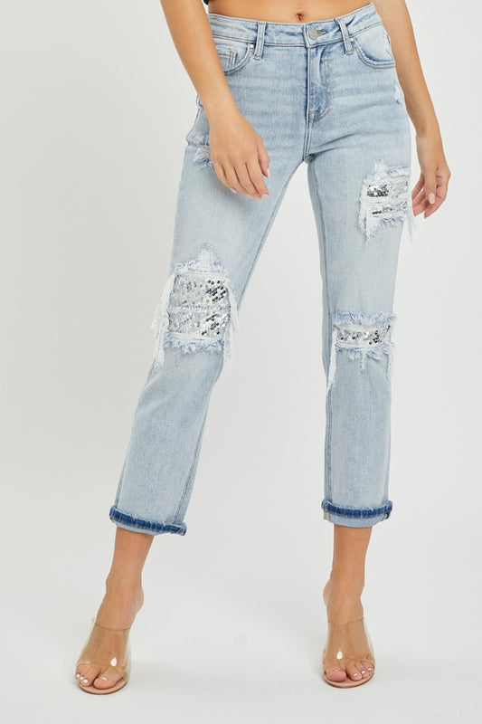RISEN Mid-Rise Sequin Patched Jeans Light 0 
