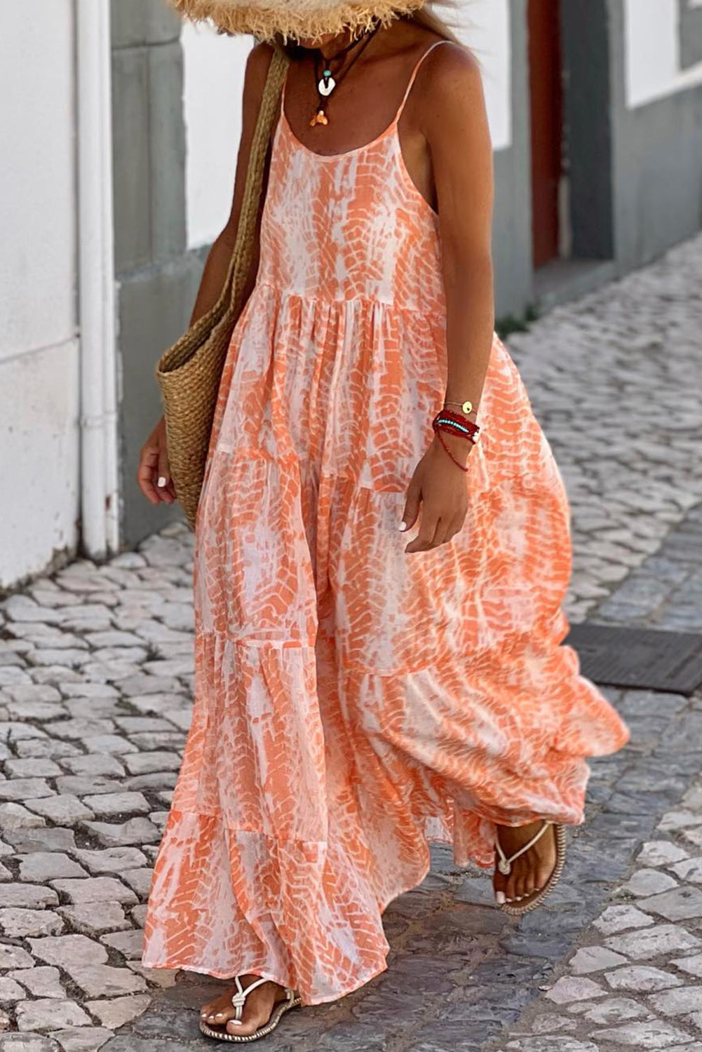 STUNNLY  Printed Scoop Neck Maxi Cami Dress Pumpkin S 